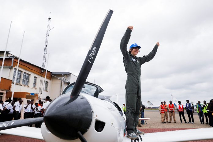 Mack Rutherford, a 16-year-old British-Belgian pilot, gestures as he arrives at the Wilson airport in Nairobi