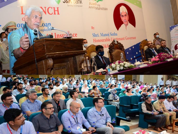 Lt Governor Manoj Sinha during the launch of Accidental Insurance Cover and Phone Pe Loan schemes of J&K bank for government employees (1)